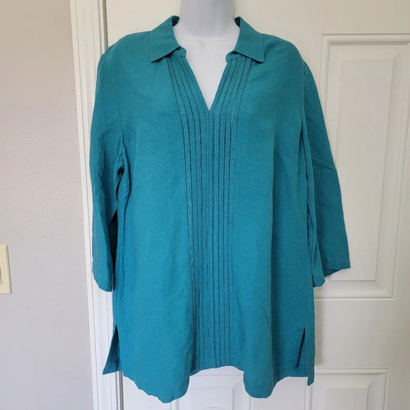 Soft Surroundings Camellia Pullover Tunic Linen Blend Teal Blue Size M - Picture 2 of 11